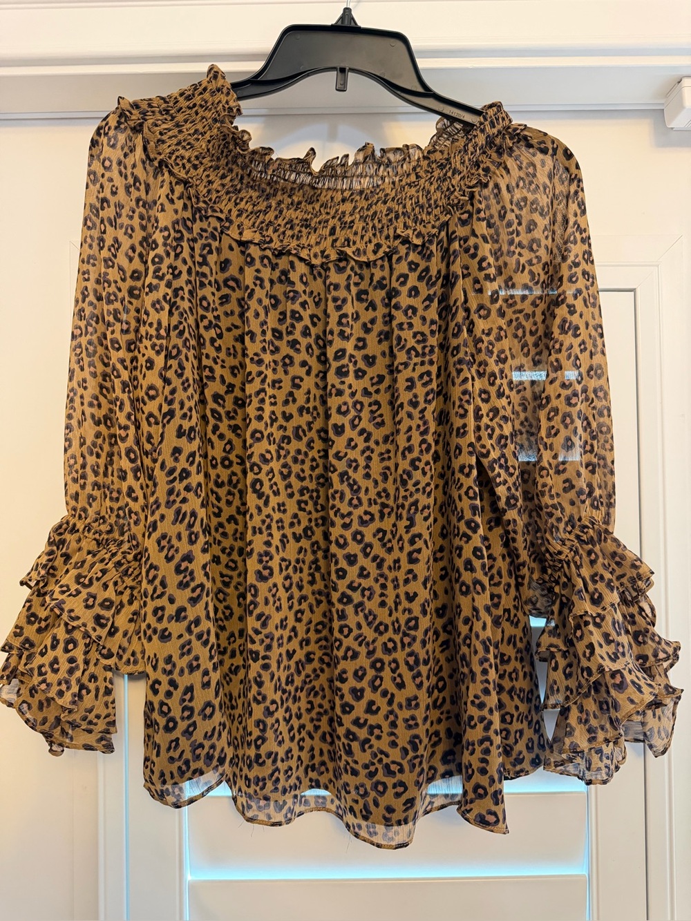 Womens CeCe Brown Leopard Print Off the Shoulder Ruffle Blouse